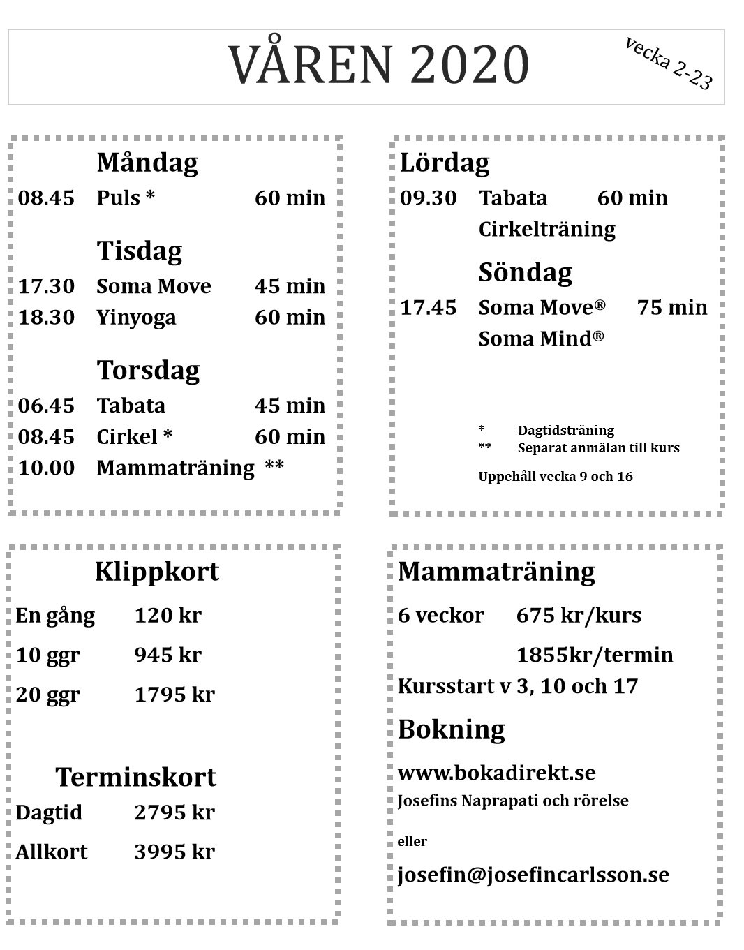 schema och tider till hemsidan 2020